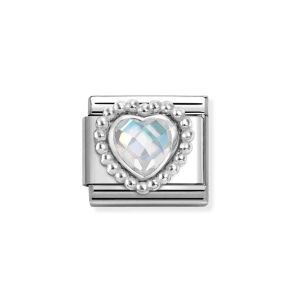 Nomination Classic Silver Zirconia Faceted White Heart Charm Dots Border. Item code 330606/010