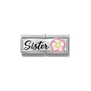 Nomination Classic Silver Double Link Sister with Pink Flower Charm