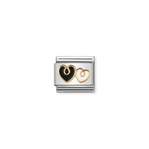 NOMINATION Composable Classic ELEGANCE in stainless steel with 18k gold and enamel Double heart, BLACK and WHITE