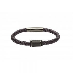 Unique and Co Men's Antique Black Leather Bracelet with Gunmetal Tone Clasp - 19cm