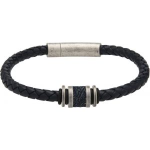 Unique and Co Mens Navy Leather braclet-Antique Silver Steel Clasp with Denim Inlay