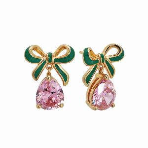 Amelia Scott Bow Gold Stud Earrings with Green Enamel and Pink Teardrop