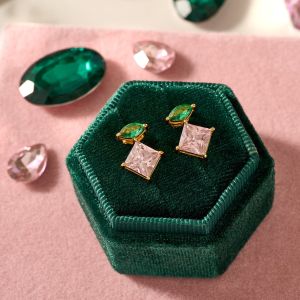 Amelia Scott Esme Gold Stud Earrings in Emerald Green and Rose Pink