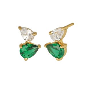 Amelia Scott Sofia Teardrop Gold Stud Earrings with Emerald Green and Clear Zirconia
