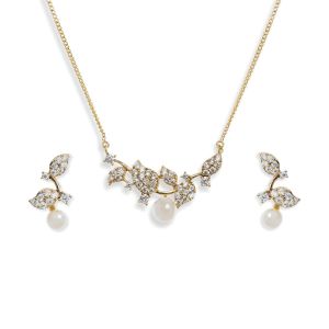 Ivory & Co Aphrodite Gold Crystal and Pearl Leaf Pendant Set