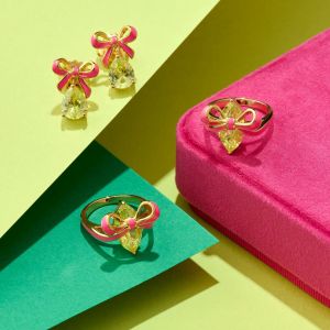 Amelia Scott Bow Gold Ring with Bright Pink Enamel and Lime Green - AS22TRR13M