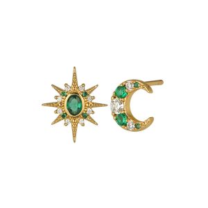 Amelia Scott Luna Mismatch Moon and Star Stud Earrings Emerald Zirconia Gold