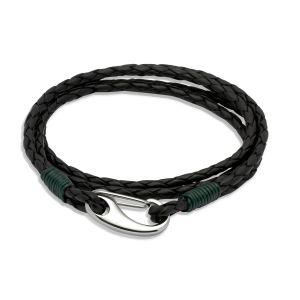 Unique & Co. Men's Double Wrap Antique Black Leather Bracelet - Green Binding