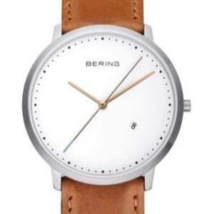 Bering Mens Classic Brushed Silver Brown Leather Strap Watch 11139-504