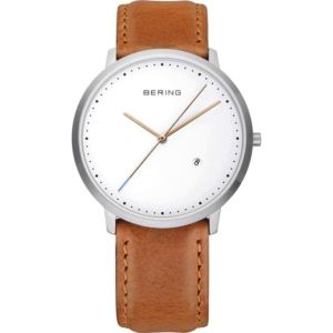 Bering Mens Classic Brushed Silver Brown Leather Strap Watch 11139-504