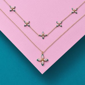Amelia Scott Lucky Clover Gold Necklace with Green Enamel and Blush Pink AS22TRN12