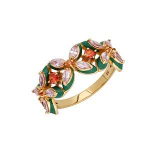 Amelia Scott Lucky Clover Gold Ring with Emerald Green Enamel and Blush Pink AS22TRR15