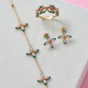 Amelia Scott Lucky Clover Gold Stud Earrings with Green Enamel and Blush Pink