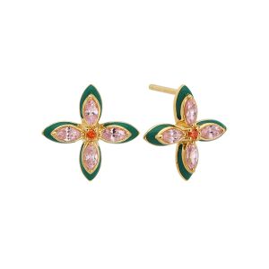 Amelia Scott Lucky Clover Gold Stud Earrings with Emerald Green Enamel and Blush Pink