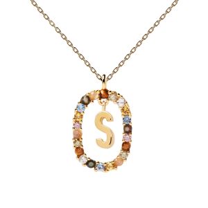 PDPaola Letter S Multicolour Gold Necklace. Item code CO01-278-U.
