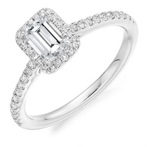 Emerald Cut Engagement Halo Ring with Diamond Set Shoulders