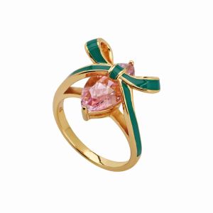 Amelia Scott Bow Gold Ring with Emerald Green Enamel and Blush Pink