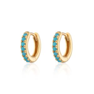 Scream Pretty Huggie Hoop Earrings with Turquoise Stones - Gold