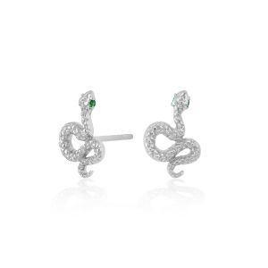 Scream Pretty Snake Stud Earrings with Green Eyes - Silver SPS-239