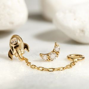 Tish Lyon 14ct Yellow Gold Crescent Moon Gem Threadless Labret Single Earring