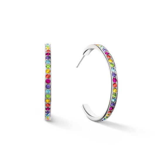 Coeur De Lion Stainless Steel Silver Hoop Earrings Large - Multicolour Crystal