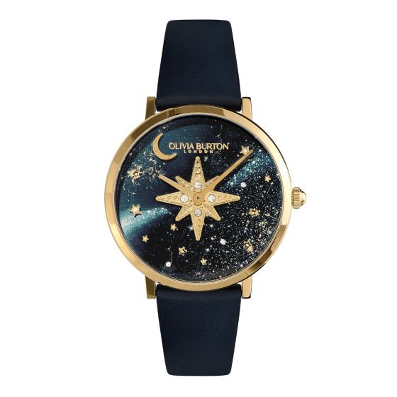 Olivia Burton Celestial Nova Ultra Slim Gold and Sapphire Blue Leather Strap Watch - 24000081