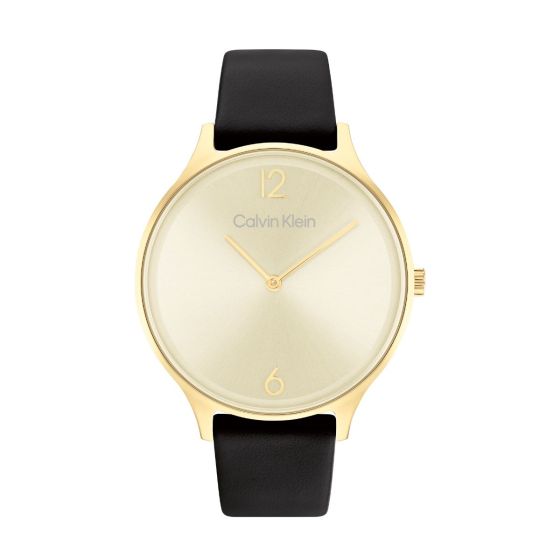 Calvin Klein Timeless Mesh Gold Tone Watch - Black Leather Strap 25200008