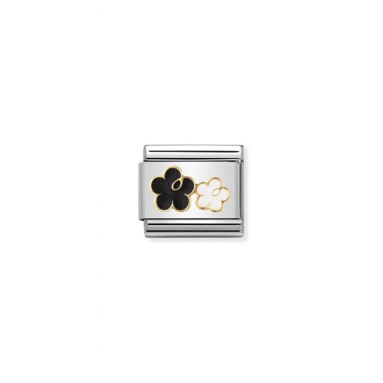 NOMINATION Composable Classic ELEGANCE in stainless steel with 18k gold and enamel Double flower, BLACK/WHITE