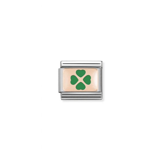 NOMINATION Composable Classic PLATES in stainless steel with 9K rose gold and enamel Green Four-Leaf Clover