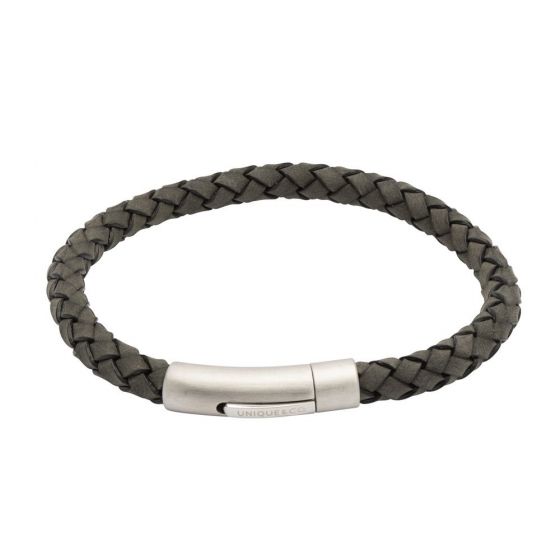 Unique and Co Men's Antique Black Leather Bracelet with Matte Steel Clasp - 21cm B400ABL