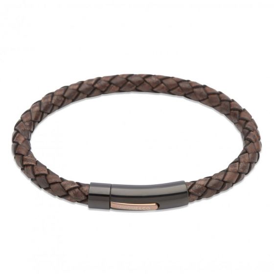 Unique and Co Black Ion Plated Dark Brown Leather Bracelet - 21cm