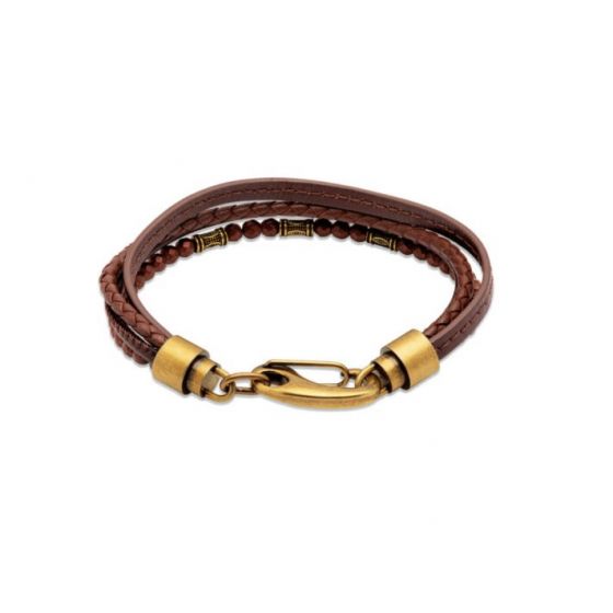 Unique and Co Men's Multi-strand Brown Leather Bracelet with Brass Tone Clasp - 21cm B459DB