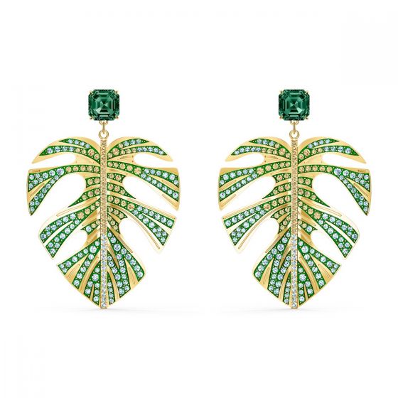 Swarovski Tropical Leaf Pierced Earrings - Green - Gold-tone Plating - 5525242