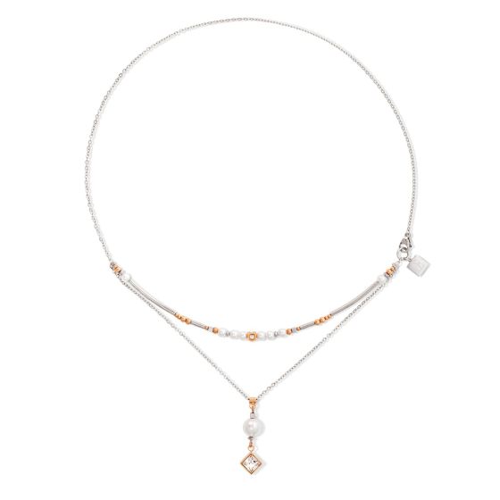 Coeur De Lion Brilliant Square Layer Pearl Necklace - Silver Rose Gold - 6009101723