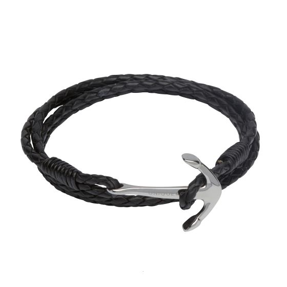 Unique & Co Men's Black Leather Bracelet with Stainless Steel Anchor Clasp