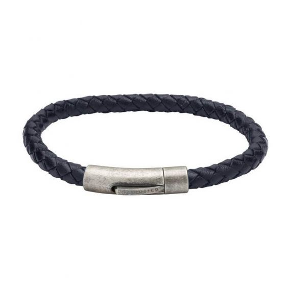 Unique and Co Mens Blue Leather bracelet-Steel Clasp-Antique I.P. Plating B370BL-19CM