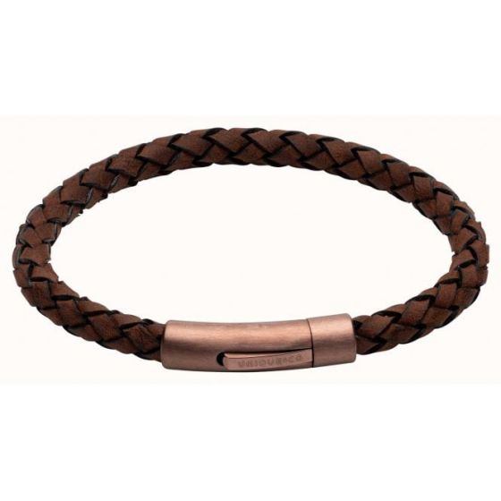 Unique and Co Mens Dark Brown Braided Leather and Rose Gold Steel Clasp Bracelet B441DB