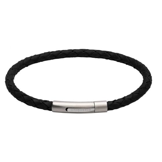 Unique and Co Men's Stainless Steel Matte Polished Black Leather Bracelet B444