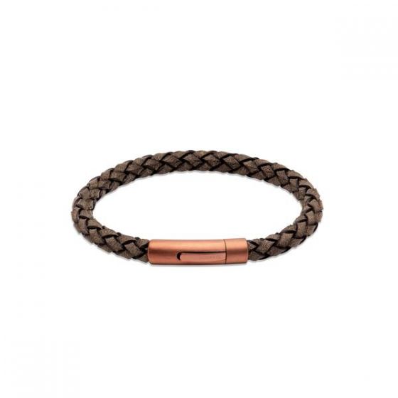 Unique and Co Men's Dark Brown Leather Bracelet with Copper Tone Clasp - 21cm B452MO