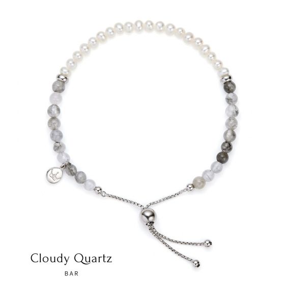 Jersey Pearl Sky Bracelet, Bar Style in Cloudy Quartz, Pearl and Silver