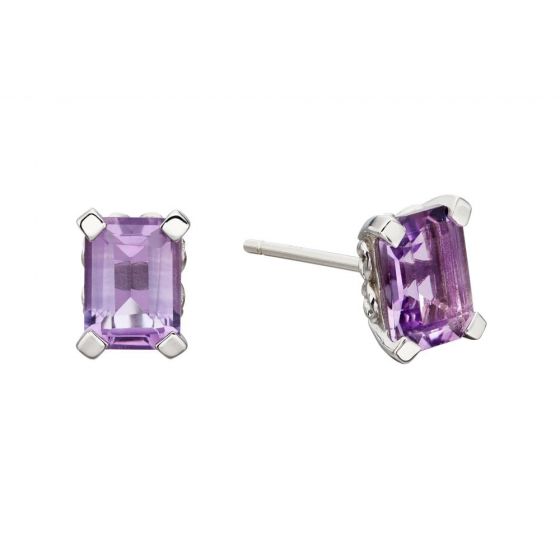Elements Gold 9ct White Gold Amethyst Rectangle Earrings