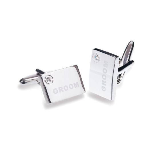 Ivory & Co Groom Rhodium Crystal Engraved Cufflinks