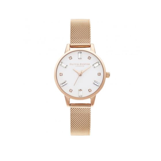 Olivia Burton Bejewelled White Dial and Rose Gold Mesh Watch OB16BJ02