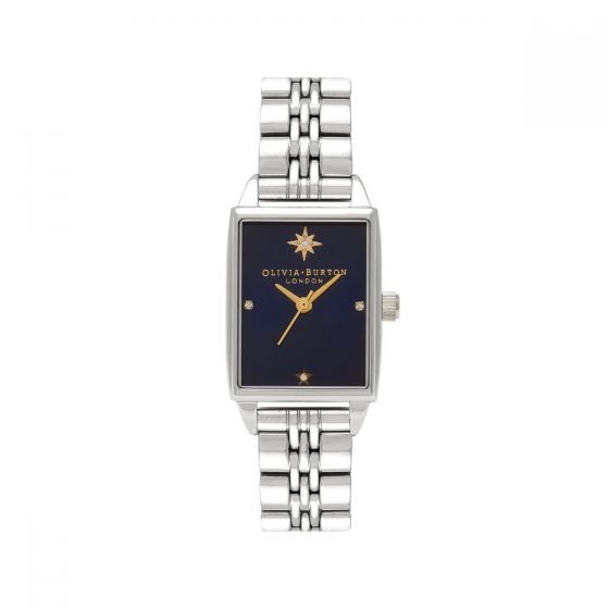 Olivia Burton Celestial Navy Sunray Rectangular Silver Bracelet Watch OB16GD88