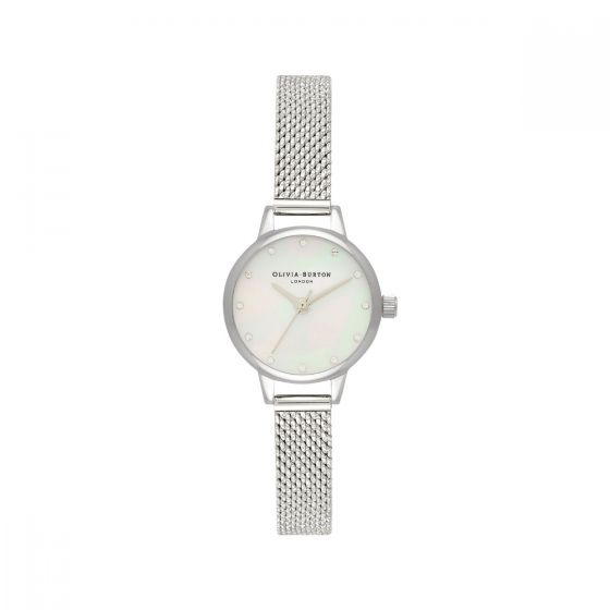 Olivia Burton Mini White Mother of Pearl and Silver Mesh Watch 