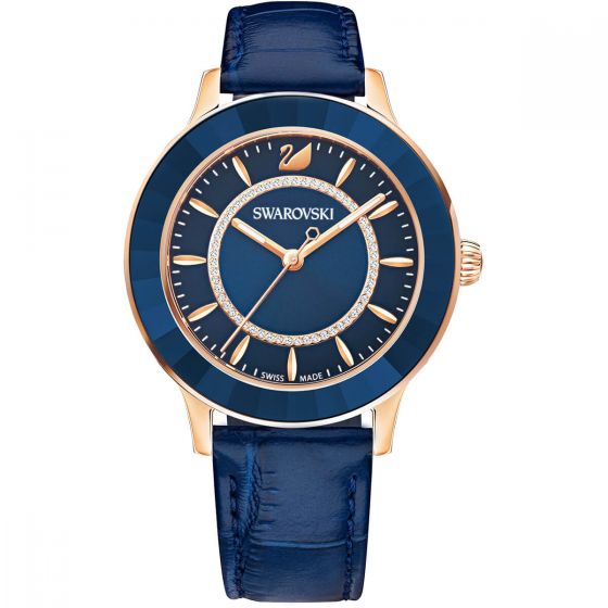 Swarovski Octea Lux Watch, Leather Strap, Blue, Rose Gold Tone 5414413