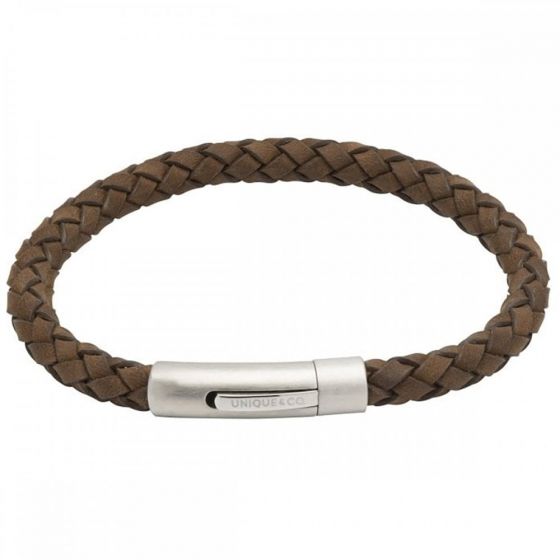 Unique and Co Mens Dark Brown Leather bracelet with Matte/Polished Steel Clasp B399DB-21CM