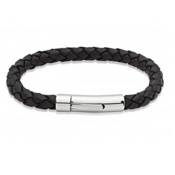 Unique & Co Men's Black Leather Bracelet with Stainless Steel Clasp