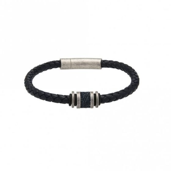Unique and Co Mens Navy Leather braclet-Antique Silver Steel Clasp with Denim Inlay B427NV