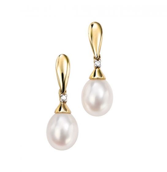 Elements Gold 9ct Yellow Gold Diamond and Pearl Drop Earrings